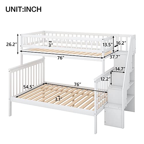 Twin Over Twin/Full Bunk Bed with Trundle and Drawers, Solid Wood Staircase, White C353971
