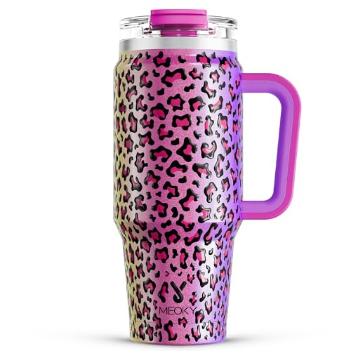 Meoky 32 oz Tumbler with Handle, Insulated Tumbler with Lid and Straw, Stainless Steel Travel Mug, Keeps Cold for 24 Hours, 100% Leak Proof, Fits in Car Cup Holder (Night)