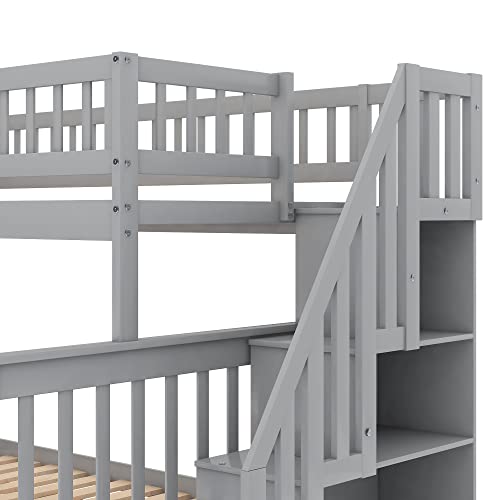 Twin Over Twin/Full Bunk Bed with Trundle and Drawers, Solid Wood Staircase, White C353971