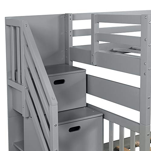 Twin Over Twin/Full Bunk Bed with Trundle and Drawers, Solid Wood Staircase, White C353971