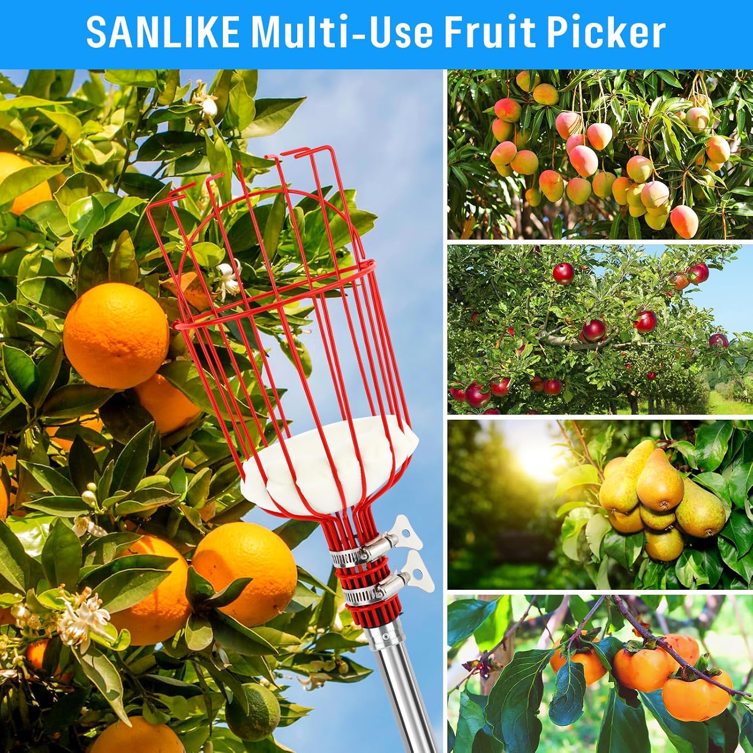 Fruit Picker Pole with Basket 13 FT Adjustable Lightweight Fruit Grabber Tool A163206