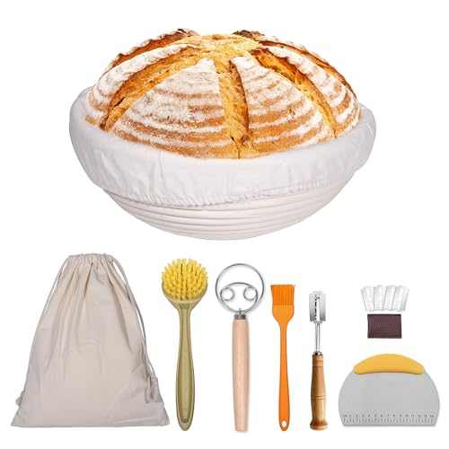 Sourdough Bread Proofing Baskets and Baking Supplies, A Complete Bread Making Kit Including 9 Inch Roun Bannetons, Bread Lame, Danish Whisk, Bowl & Dough Scrapers, and Linen Liners