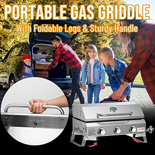 Portable Propane Gas Griddle 3-Burner with Foldable Cart and Side Table, Flat Top Grill Stove with Lid N3550