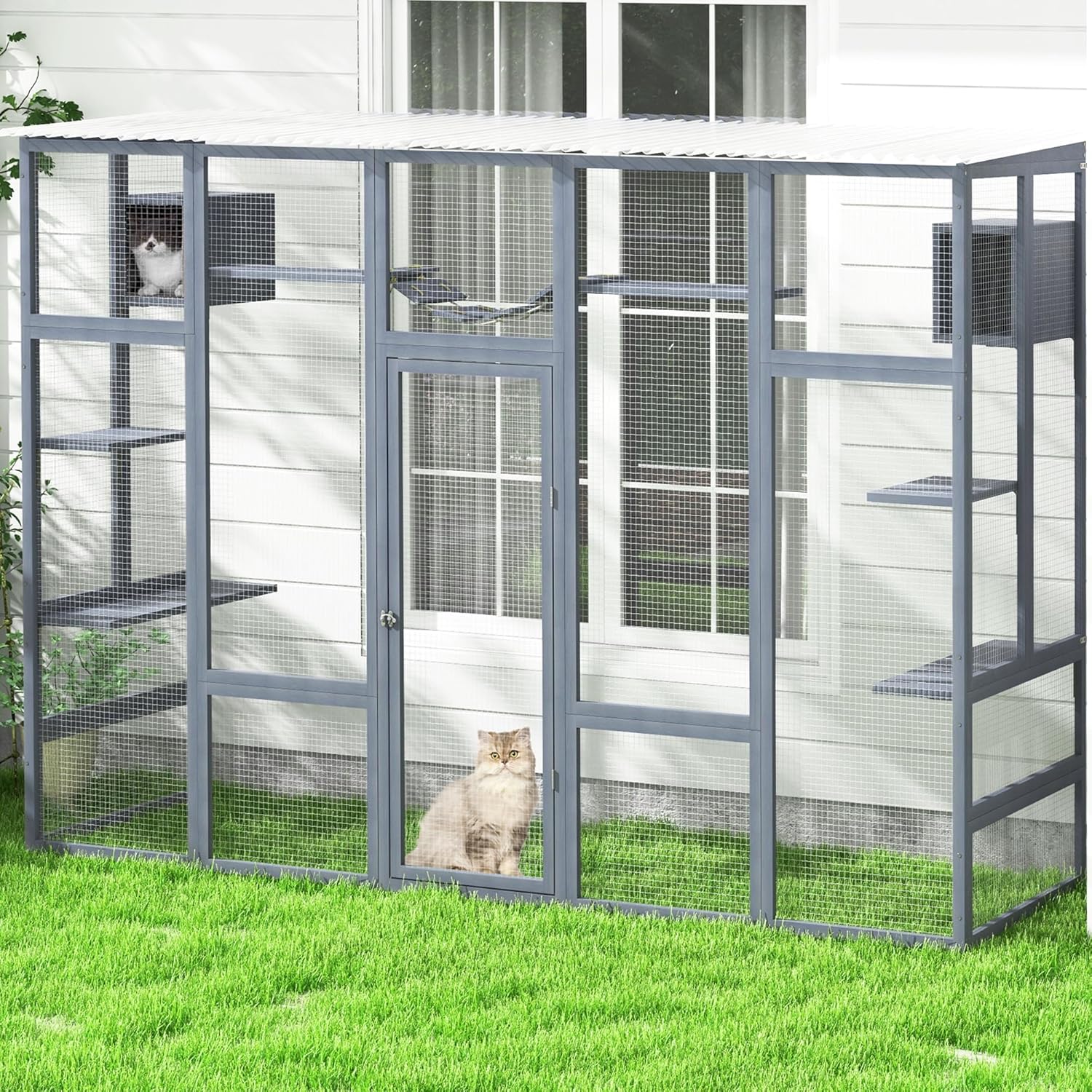 COZIWOW Catio Outdoor Cat Enclosure, 104" L Large Catio for Indoor Cats Window Access, Wooden Window Cat Catio with Weather Protection Roof, 6 Platforms, 2 Houses, Bridge, Scratching Board, Grey