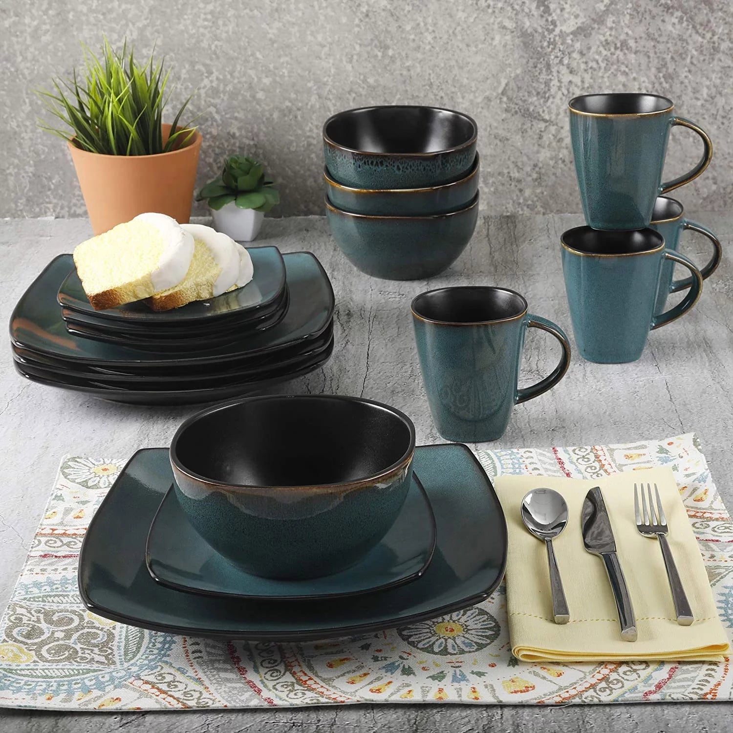 Teal Dinnerware Set, 16 Piece Plates Bowls and Mugs Z89386