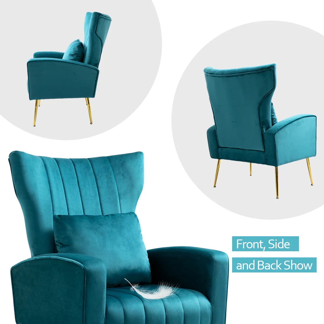 Velvet Accent Chair Set of 2 with Lumbar Pillow, High Back, Metal Legs N73734