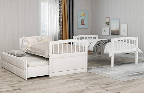 Twin Over Twin Bunk Bed with Storage Drawers and Trundle, Solid Wood Frame F2716