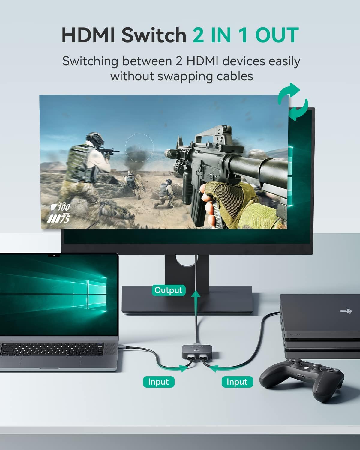 HDMI 2.1 Switch, 8K HDMI Switcher Splitter, 2 in 1 Out, 4K@120Hz, 48Gbps Aluminum Hub U370