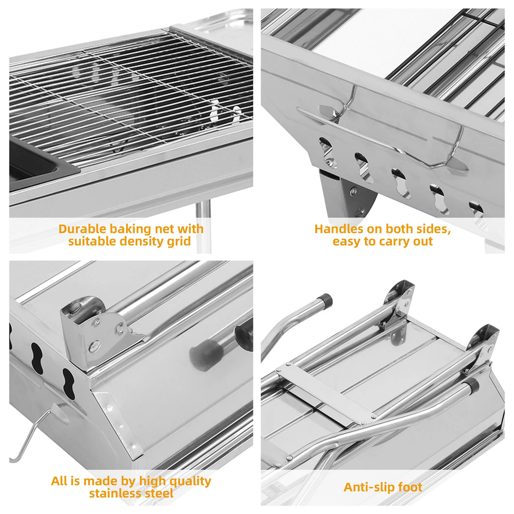 Outdoor Barbecue Portable Charcoal Grill, Stainless Steel, Foldable Y414362
