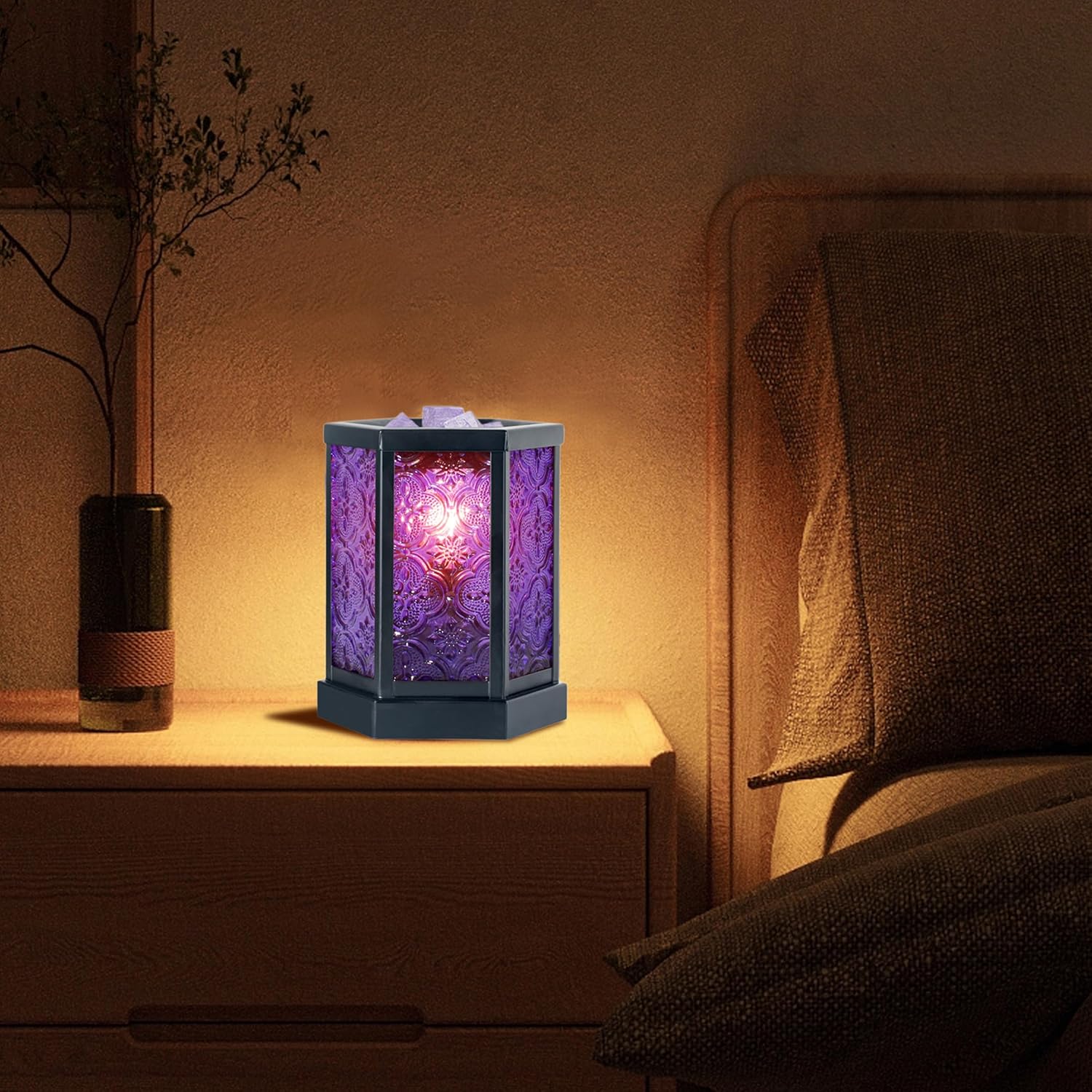 Moroccan Electric Wax Melt Warmer Decorative Candle Burner, Hexagonal Purple Glass U6330