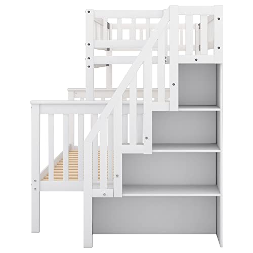 Twin Over Twin/Full Bunk Bed with Trundle and Drawers, Solid Wood Staircase, White C353971