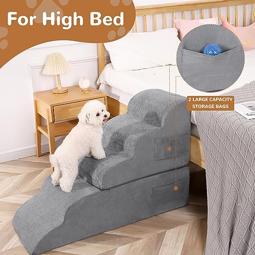 Dog Stairs for High Beds, 5-Step Foam Ramp for Small Dogs, Non-Slip, Removable Cover, Grey Z8494