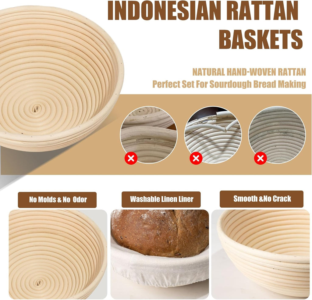 Banneton Bread Proofing Baskets Set, 9 Inch Round & 10 Oval, with Lame, Danish Whisk, Liners F325