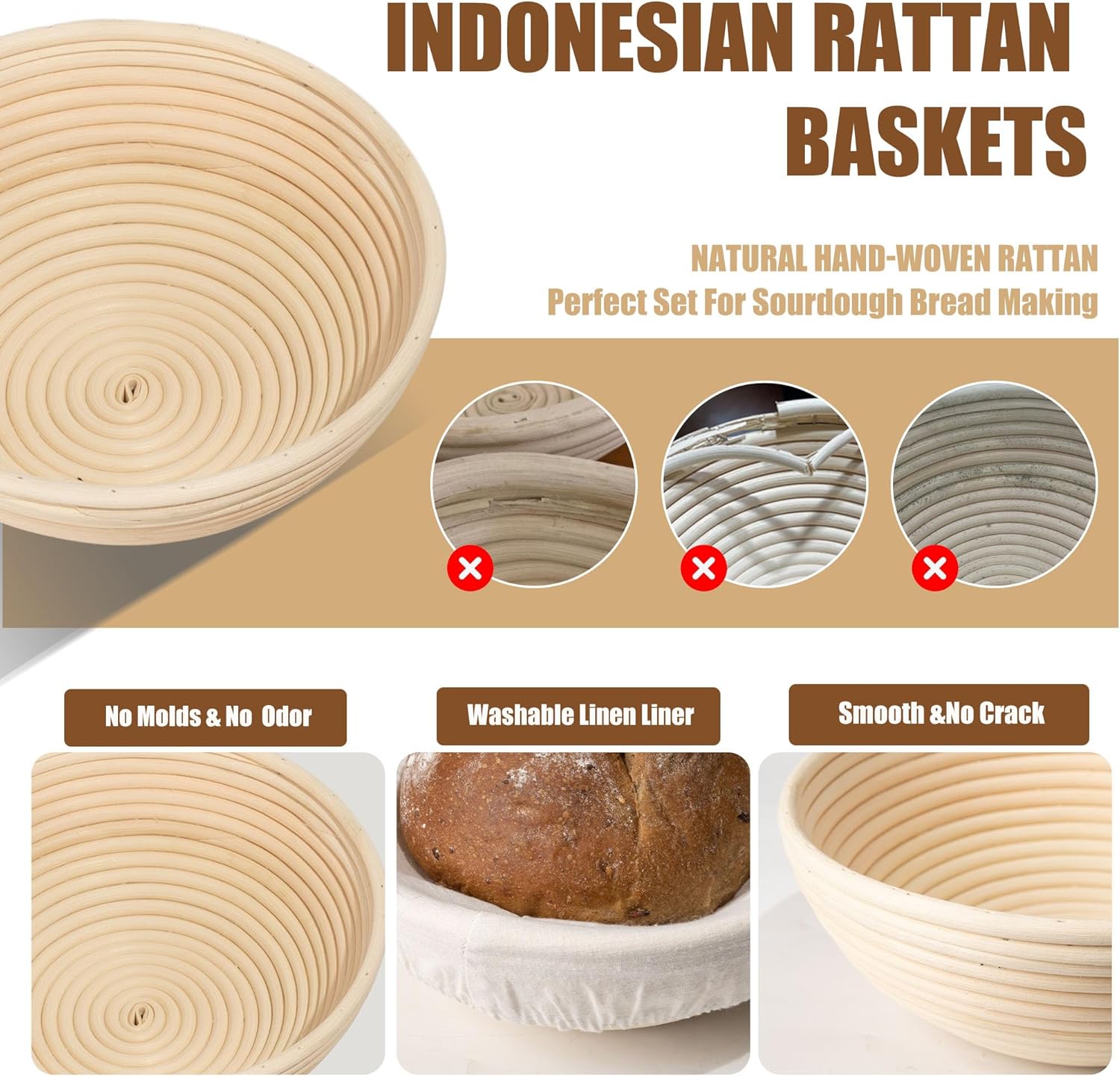 Banneton Bread Proofing Baskets Set, 9 Inch Round & 10 Oval, with Lame, Danish Whisk, Liners F325