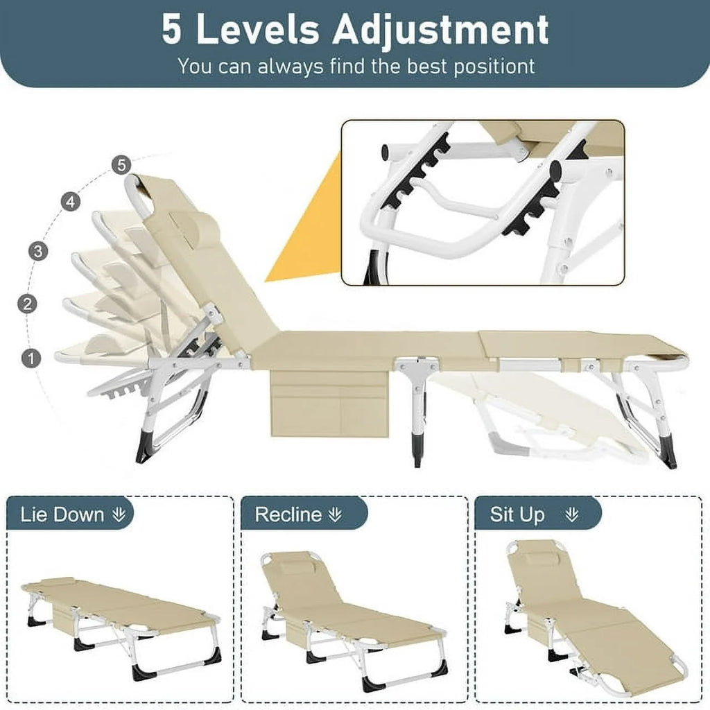 Heavy Duty Tanning Chair with Face & Arm Holes, Adjustable 5-Position Folding Chaise Lounge F5608