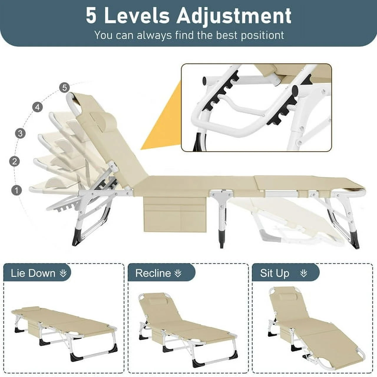 Heavy Duty Tanning Chair with Face & Arm Holes, Adjustable 5-Position Folding Chaise Lounge F5608
