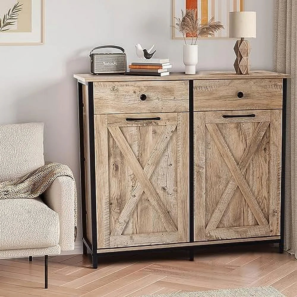 Double Barn Door Trash Cabinet with Hideaway Drawer X802