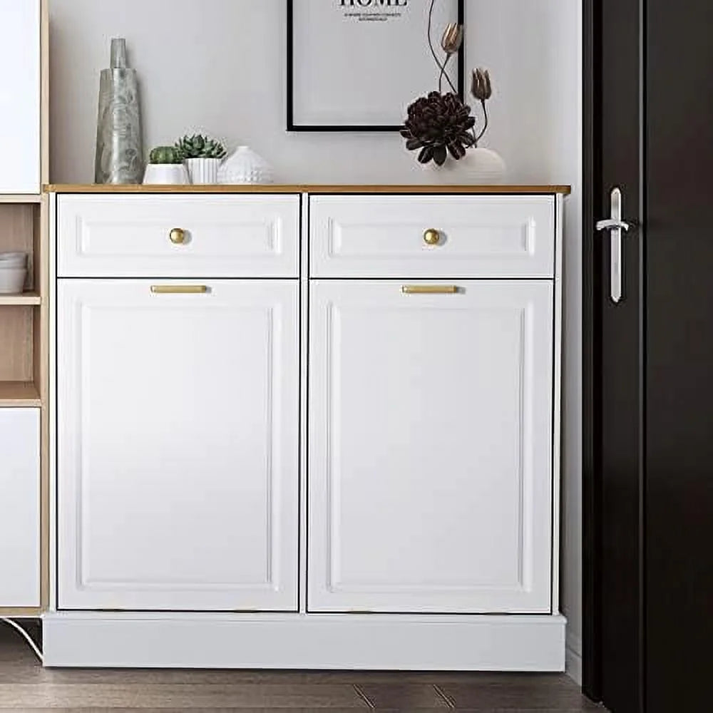 HOOMHIBIU Double Barn Door Style Trash Cabinet  Double Tilt Out Trash Cabinet with Solid Hideaway Drawer Rustic Kitchen Trash Cabinet Free Standing Wooden Kitchen Recycling Cabinet  Holde