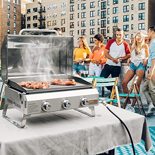 Portable Propane Gas Griddle 3-Burner with Foldable Cart and Side Table, Flat Top Grill Stove with Lid N3550