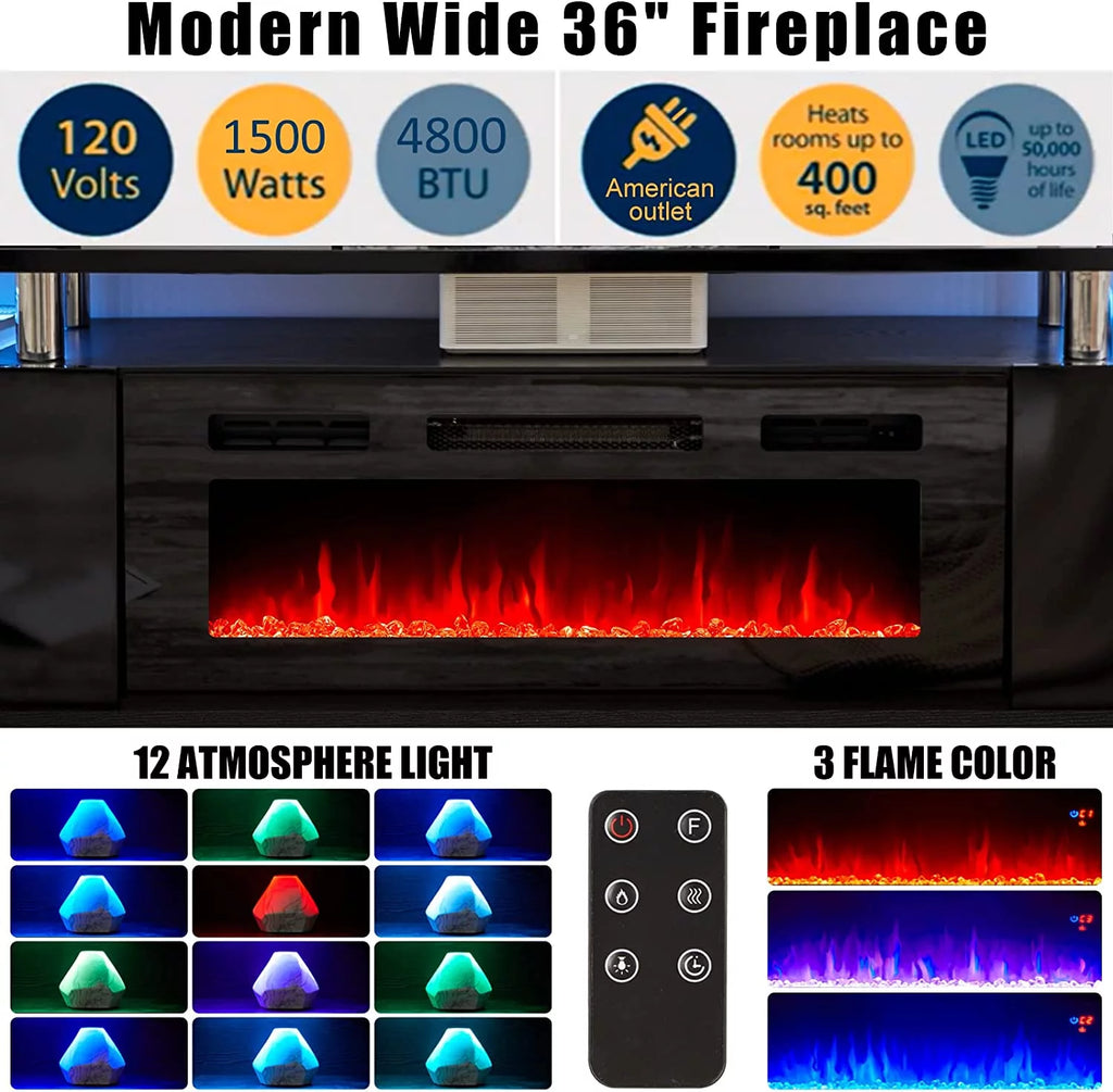 Fireplace TV Stand with 36" Fireplace, 70" Modern Entertainment Center for TVs Up to 80", Black Z8193