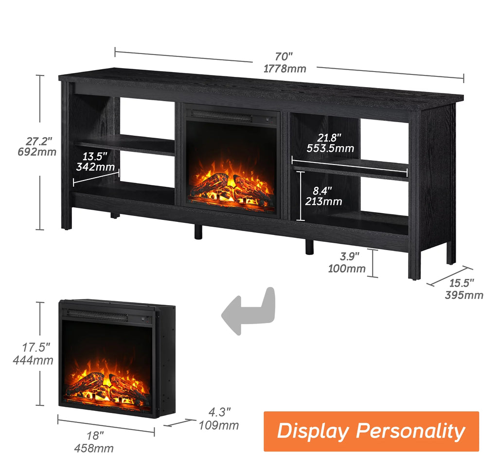 Wood Entertainment Center for TVs up to 80 Inch with Electric Fireplace, Black R153497