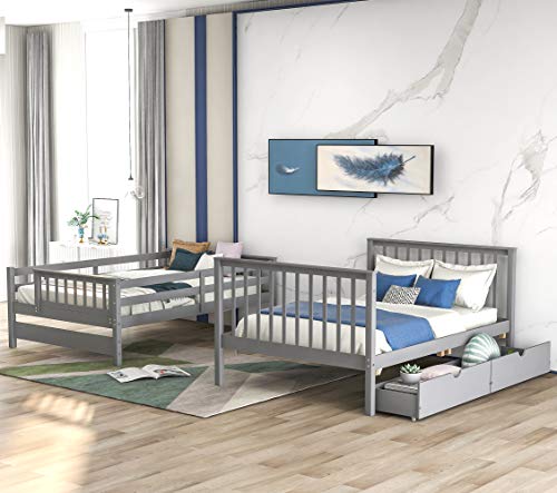 Twin Over Twin/Full Bunk Bed with Trundle and Drawers, Solid Wood Staircase, White C353971