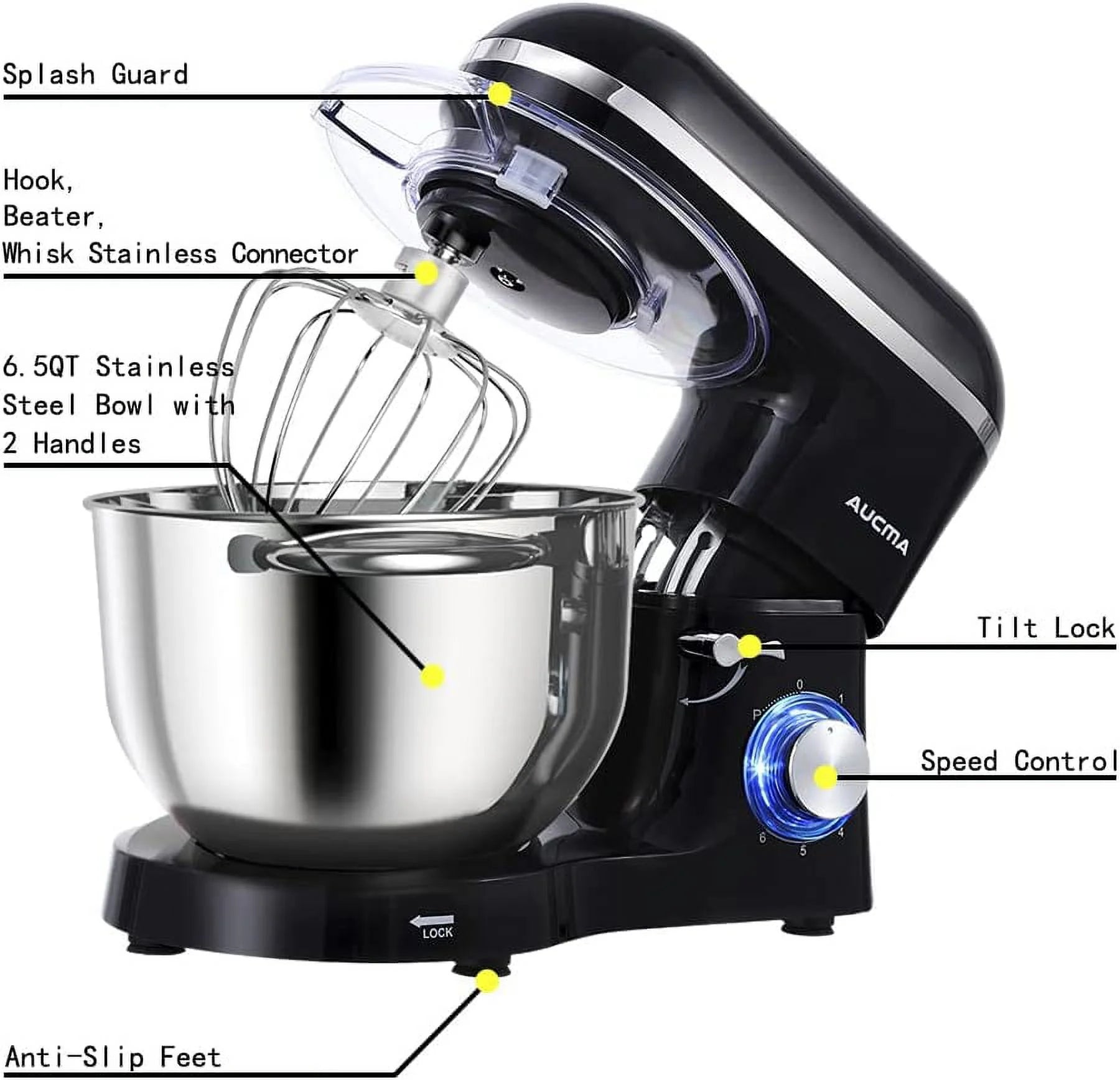 Stand Mixer 6.5-QT 660W 6-Speed Tilt-Head with Dough Hook, Wire Whip & Beater R3141