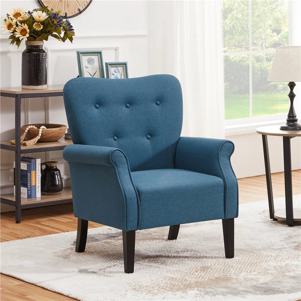 Navy Blue Upholstered Accent Chair with Wooden Legs J54515