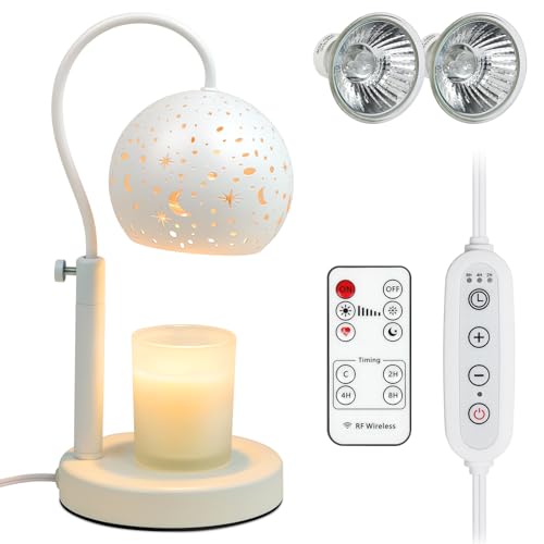 Candle Warmer Lamp with Timer, Electric Wax Melt warmer with 2 Bulbs and Remote Controls, Dimmable and Height Adjustable, Suitable for Aroma Candles, Gifts for Home Decorations, White Star