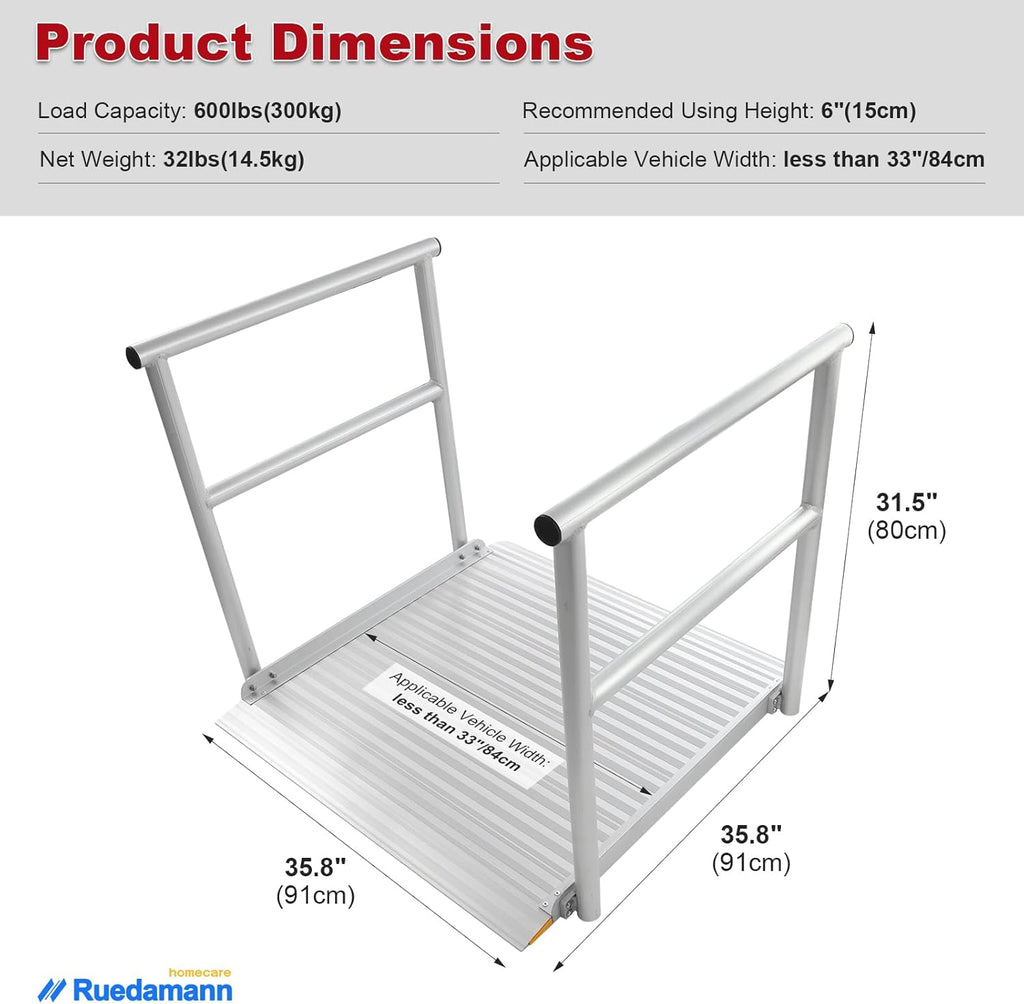 Aluminum Wheelchair Ramp with Handrails, 600 Lbs Capacity, Non-Slip N895392