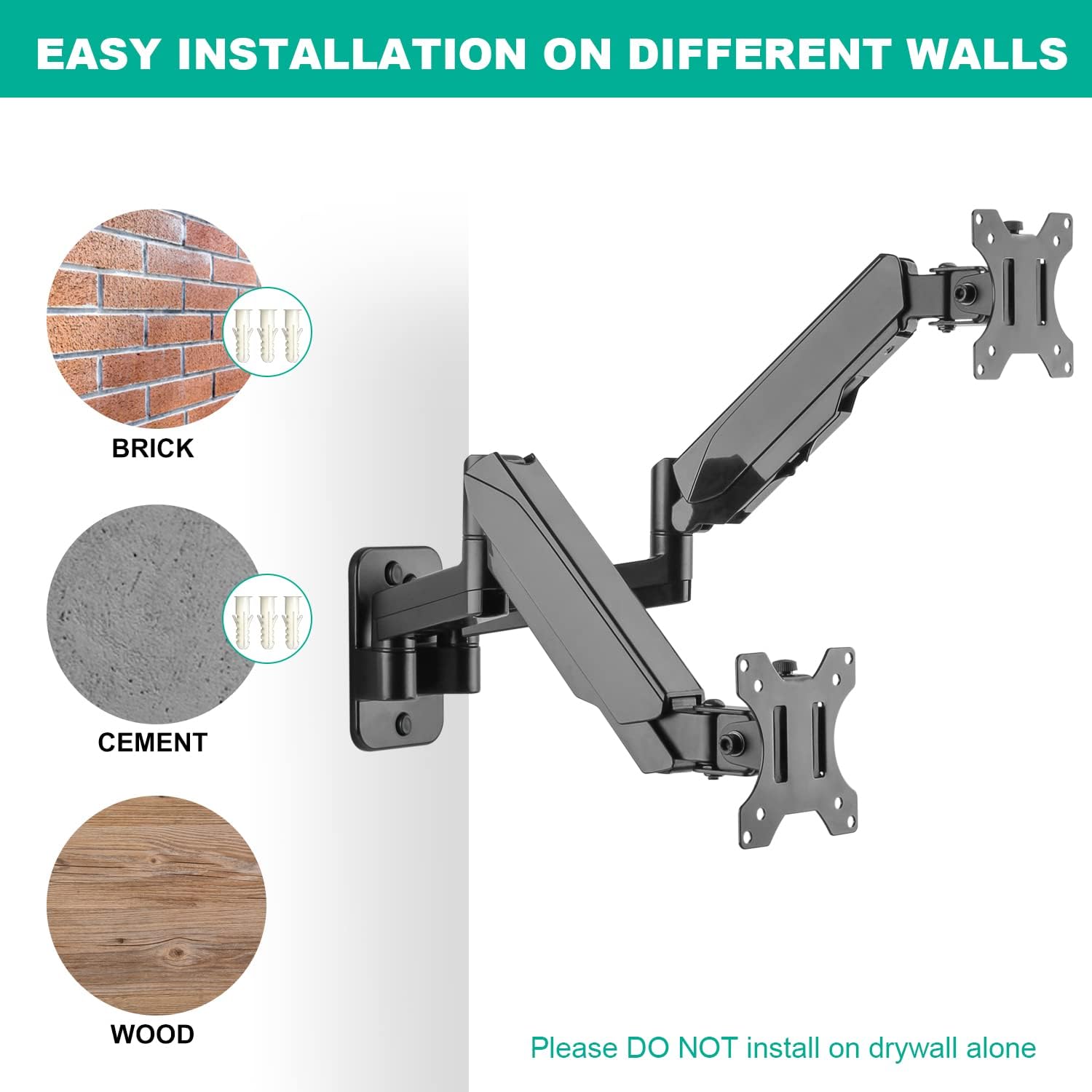 Dual Monitor Wall Mount for Two 17-32 Inch Screens, Height Adjustable, VESA 75/100 Y584