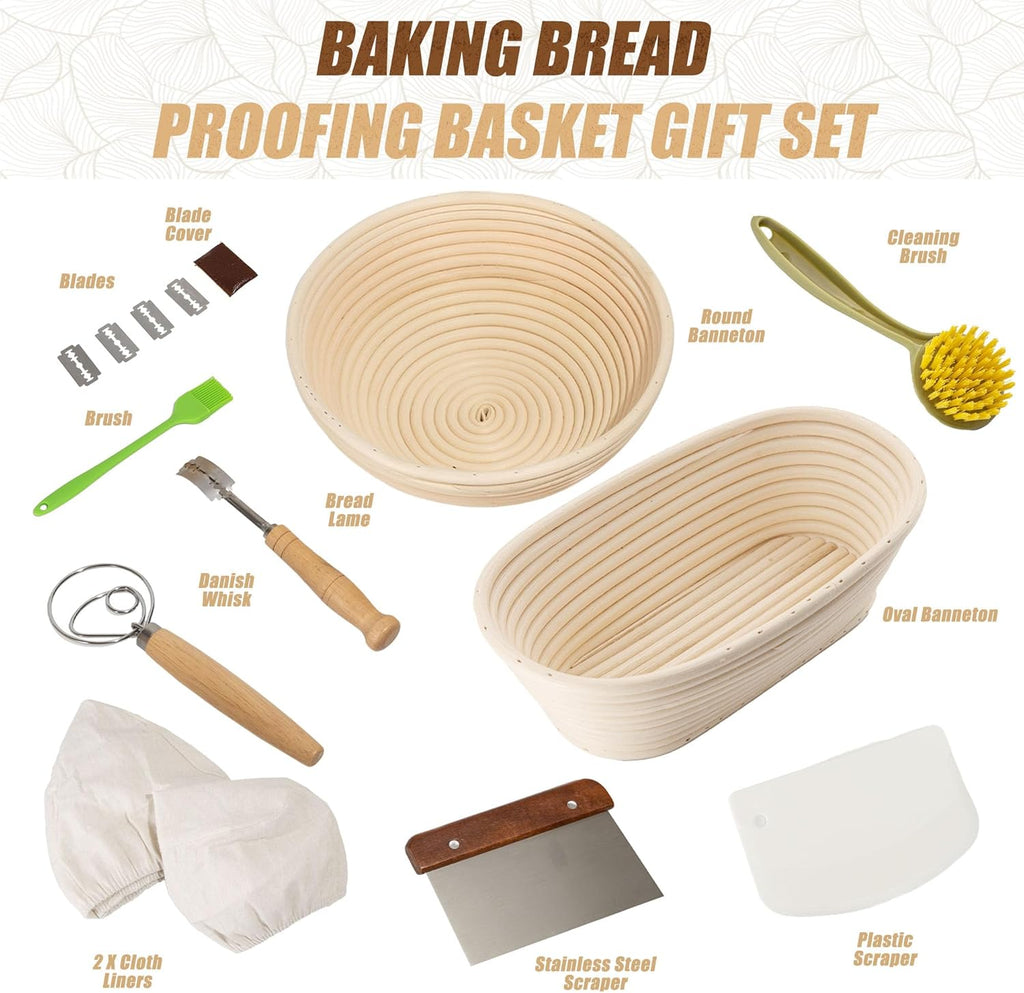 Banneton Bread Proofing Baskets Set, 9 Inch Round & 10 Oval, with Lame, Danish Whisk, Liners F325