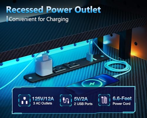 Gaming Desk with USB Charging Ports and LED Light T9380
