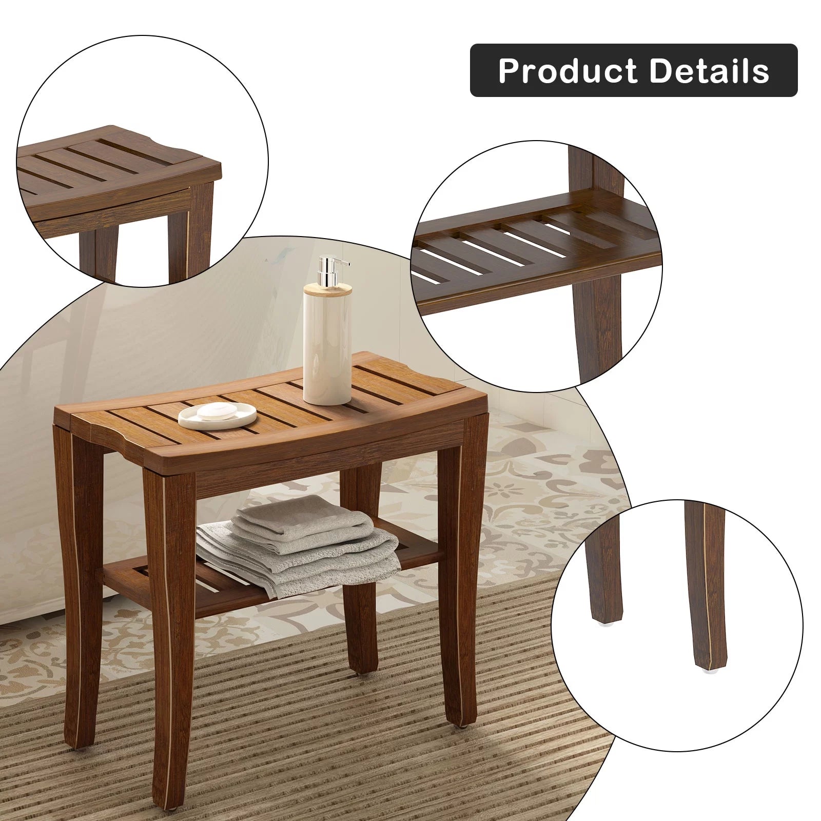 Bamboo Bathroom Bench Shower Stool Non-slip Waterproof Seat M3034