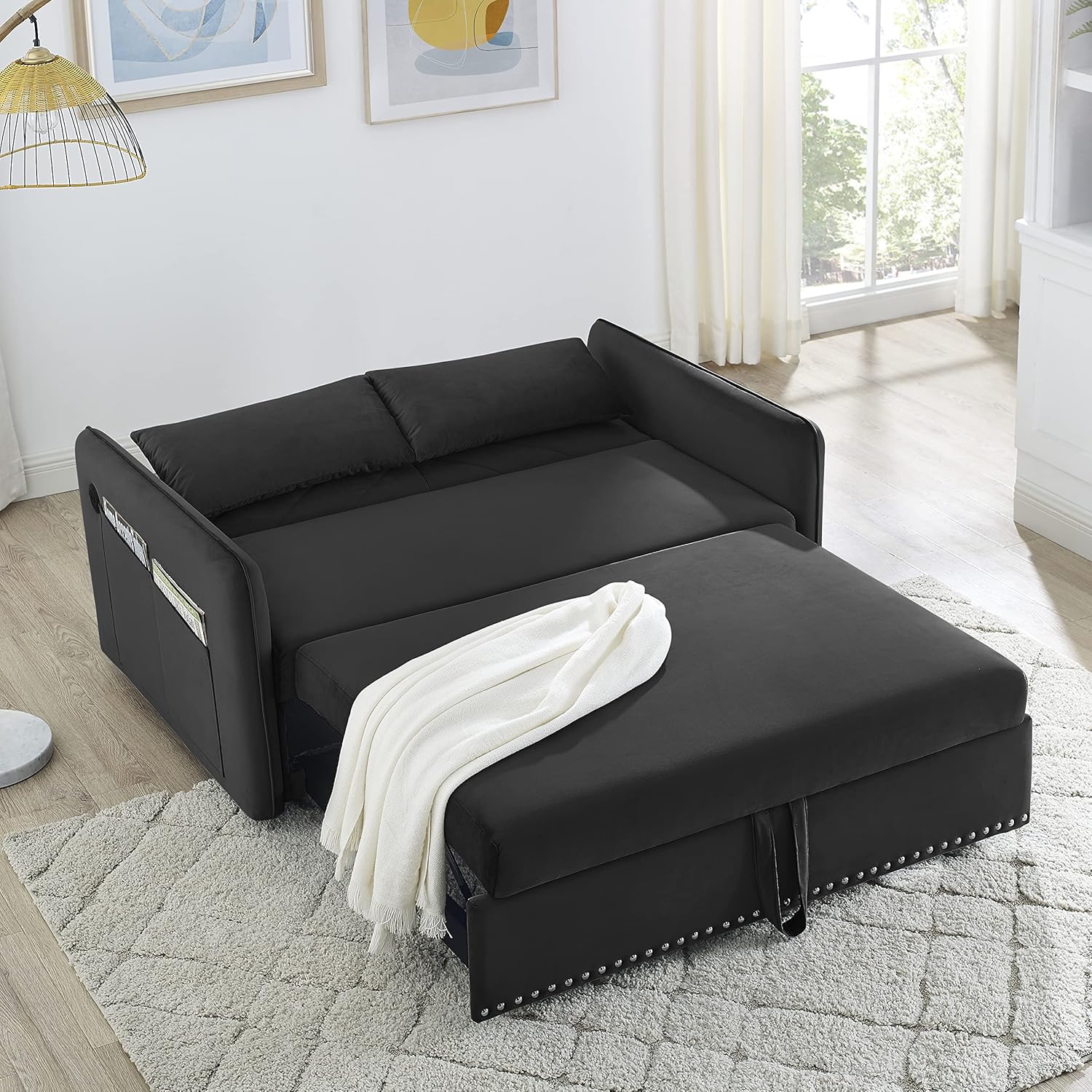 Convertible 3-in-1 Velvet Loveseat Sleeper Sofa with Pull Out Bed S614674
