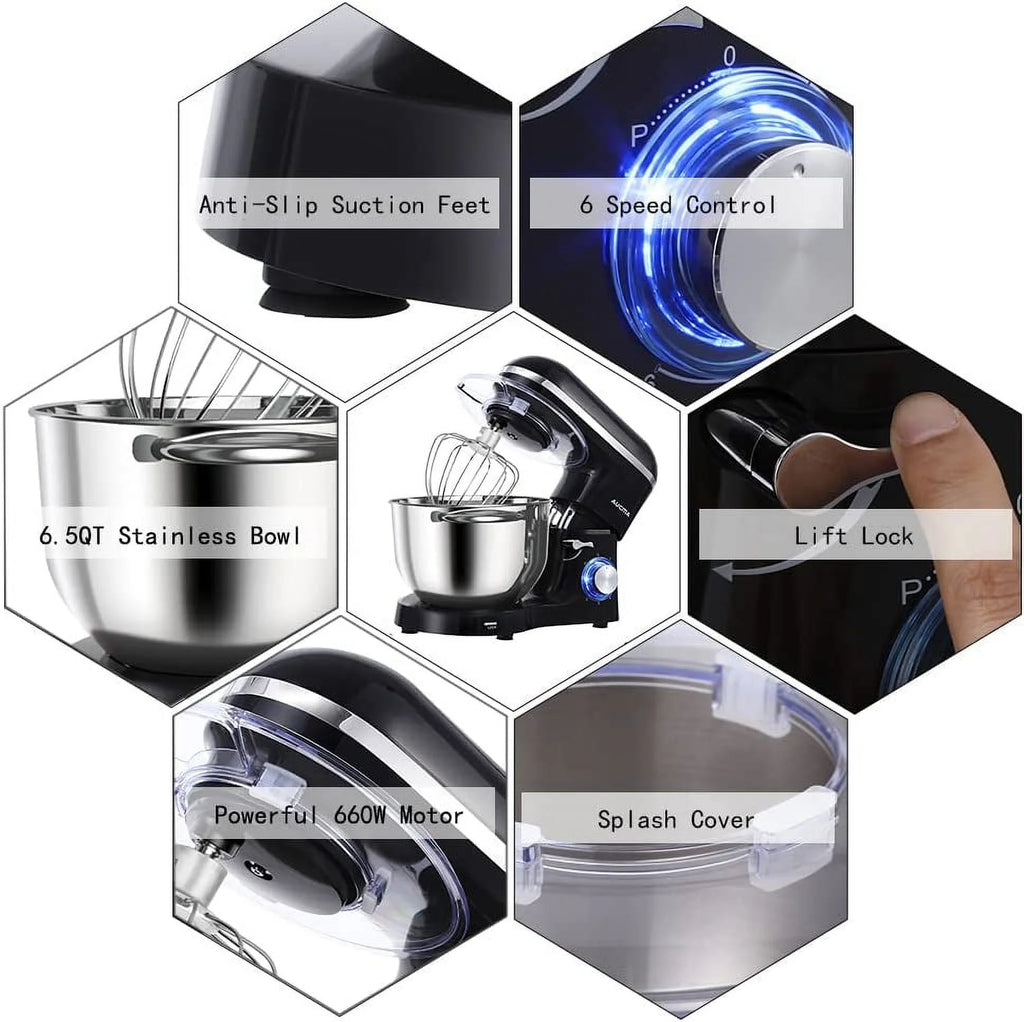 Stand Mixer 6.5-QT 660W 6-Speed Tilt-Head with Dough Hook, Wire Whip & Beater R3141