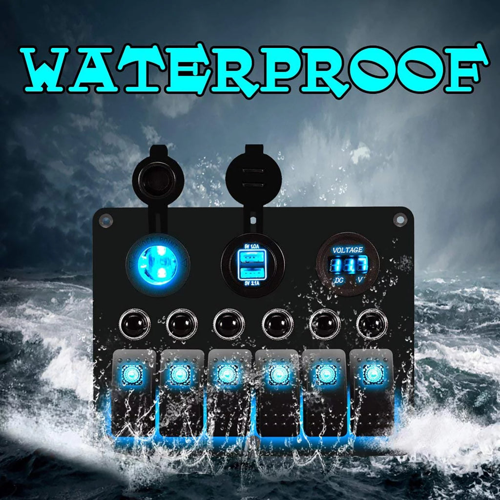 6 Gang LED Rocker Switch Panel Dual USB Waterproof Voltmeter A676370