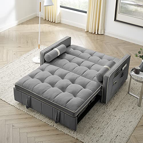 Tufted Velvet Convertible Loveseat Sofa Bed with Pull-Out Bed, Grey G7541