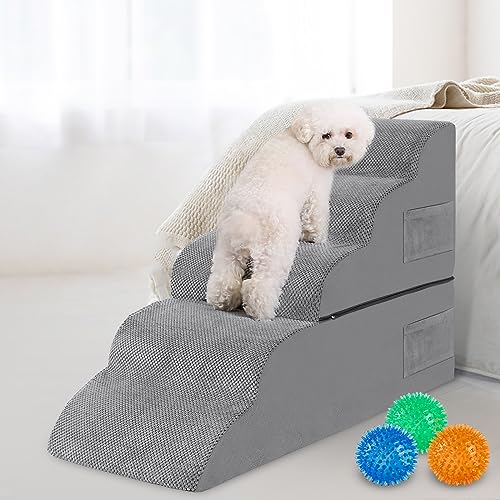 Dog Stairs for High Beds, 5-Steps Foam Ramps for Small Dogs, Non-Slip Bottom and Removable Cover, for Older and Injured Pets to Get On Bed and Couch, Grey