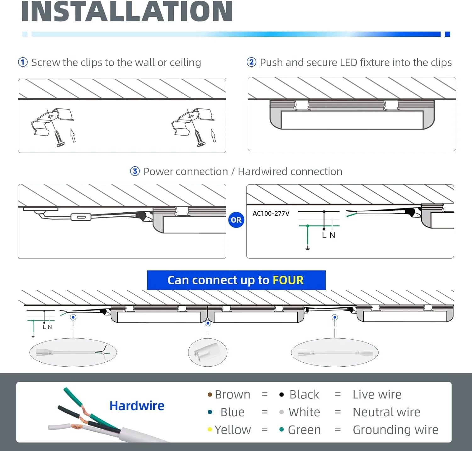 8FT LED Shop Light, 72W 9000LM 5000K, Linkable, 4 Pack D127
