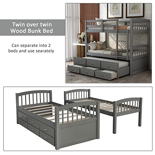 Twin Over Twin Bunk Bed with Storage Drawers and Trundle, Solid Wood Frame F2716