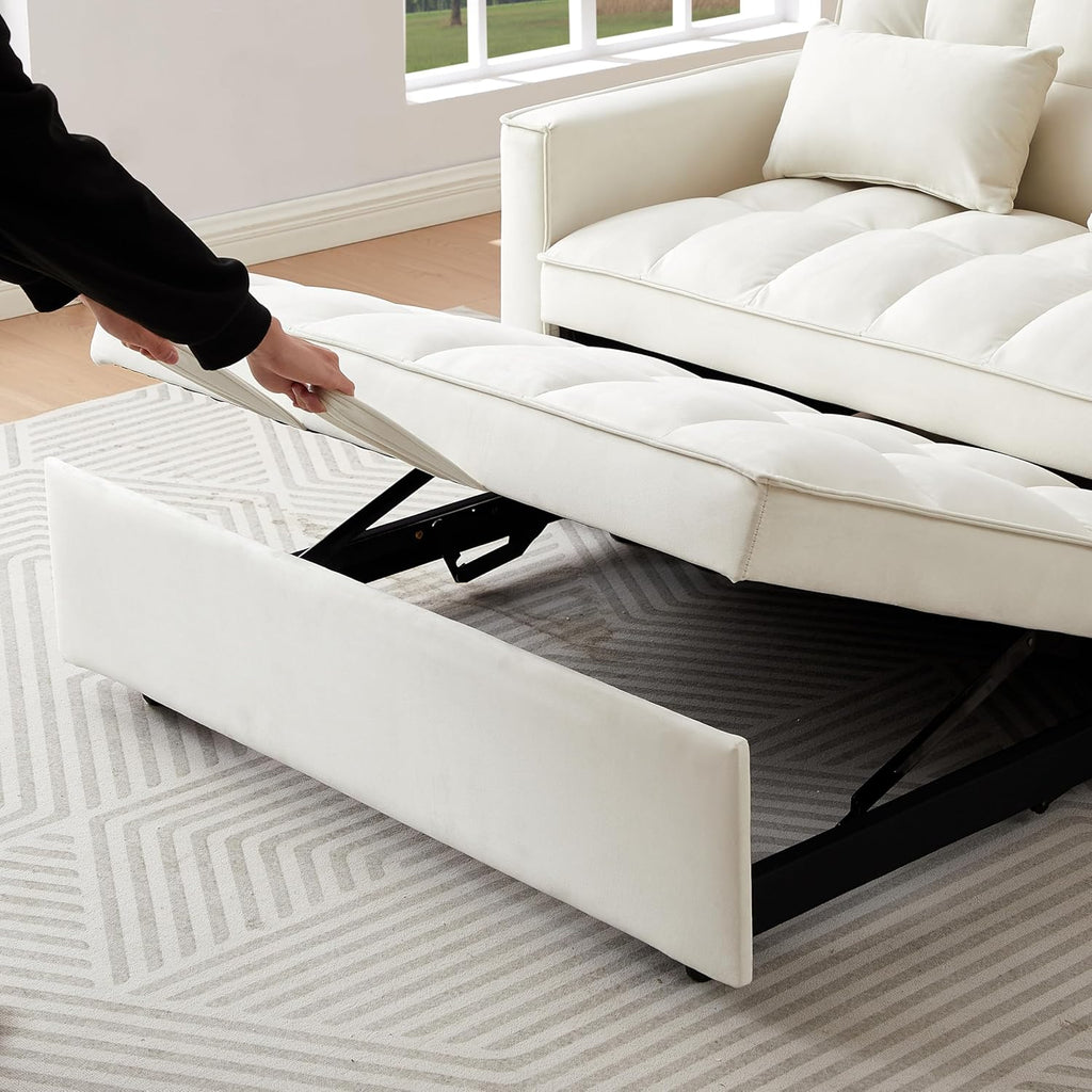 Convertible Loveseat Sleeper Sofa with Adjustable Backrest and Pull-Out Bed, Ivory W3374