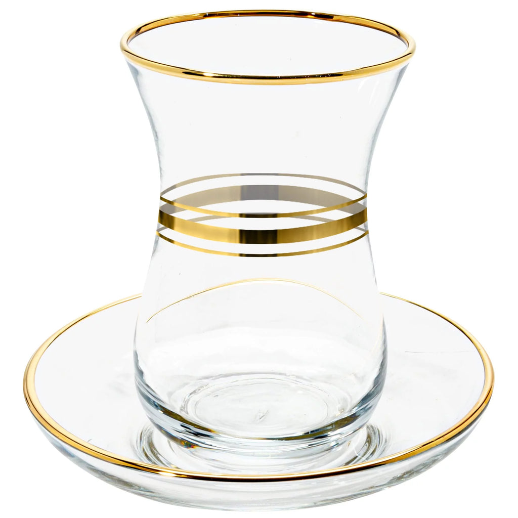 Vikko Turkish Tea Glasses & Saucers, 4 Oz Authentic Turkish Tea Cups,Set of 6 Clear Glass Tea Cups And Saucers, Gold Accented Turkish Tea Cup Set, 6 Cups and 6 Plates