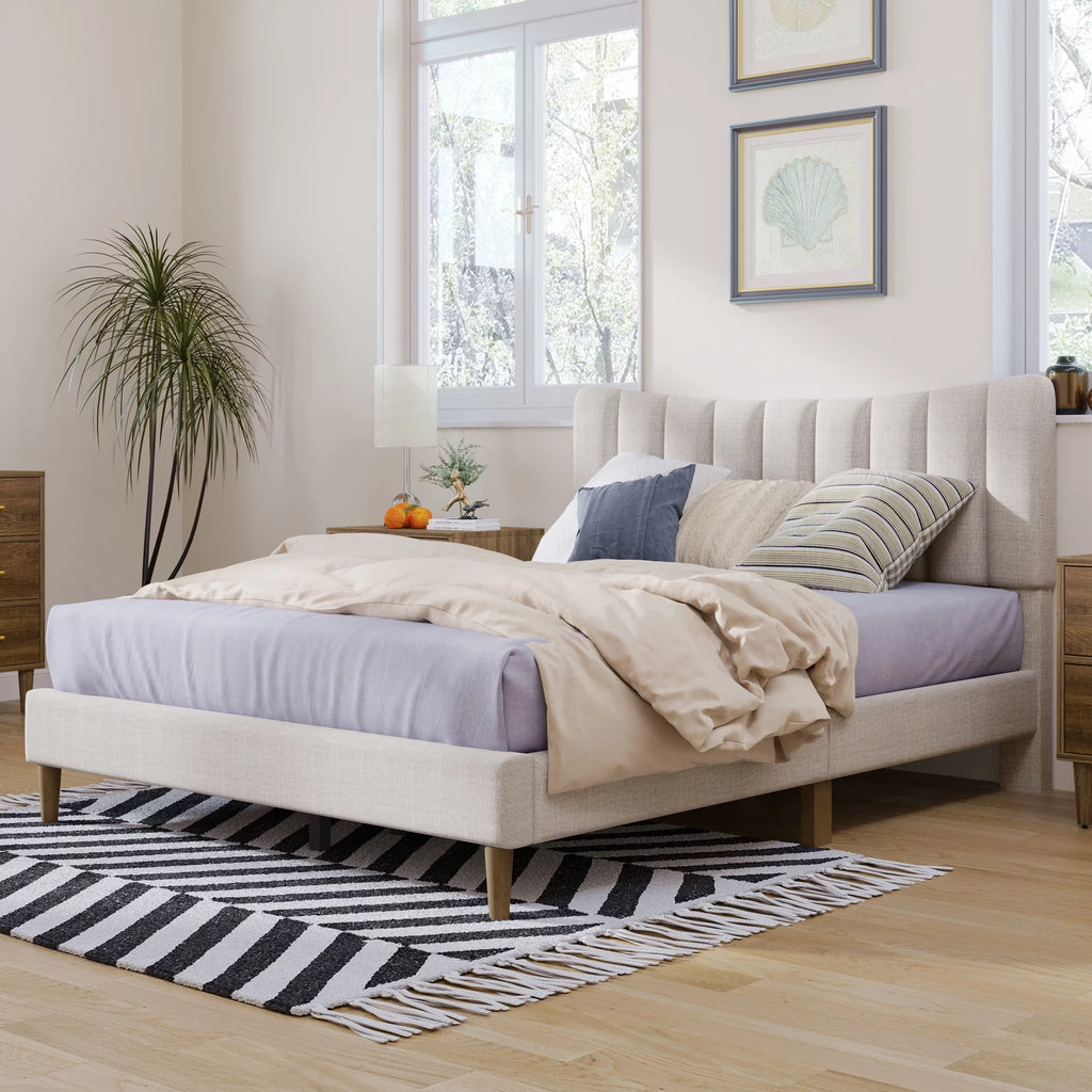 Upholstered Queen Platform Bed with Tufted Headboard and Wood Legs A896