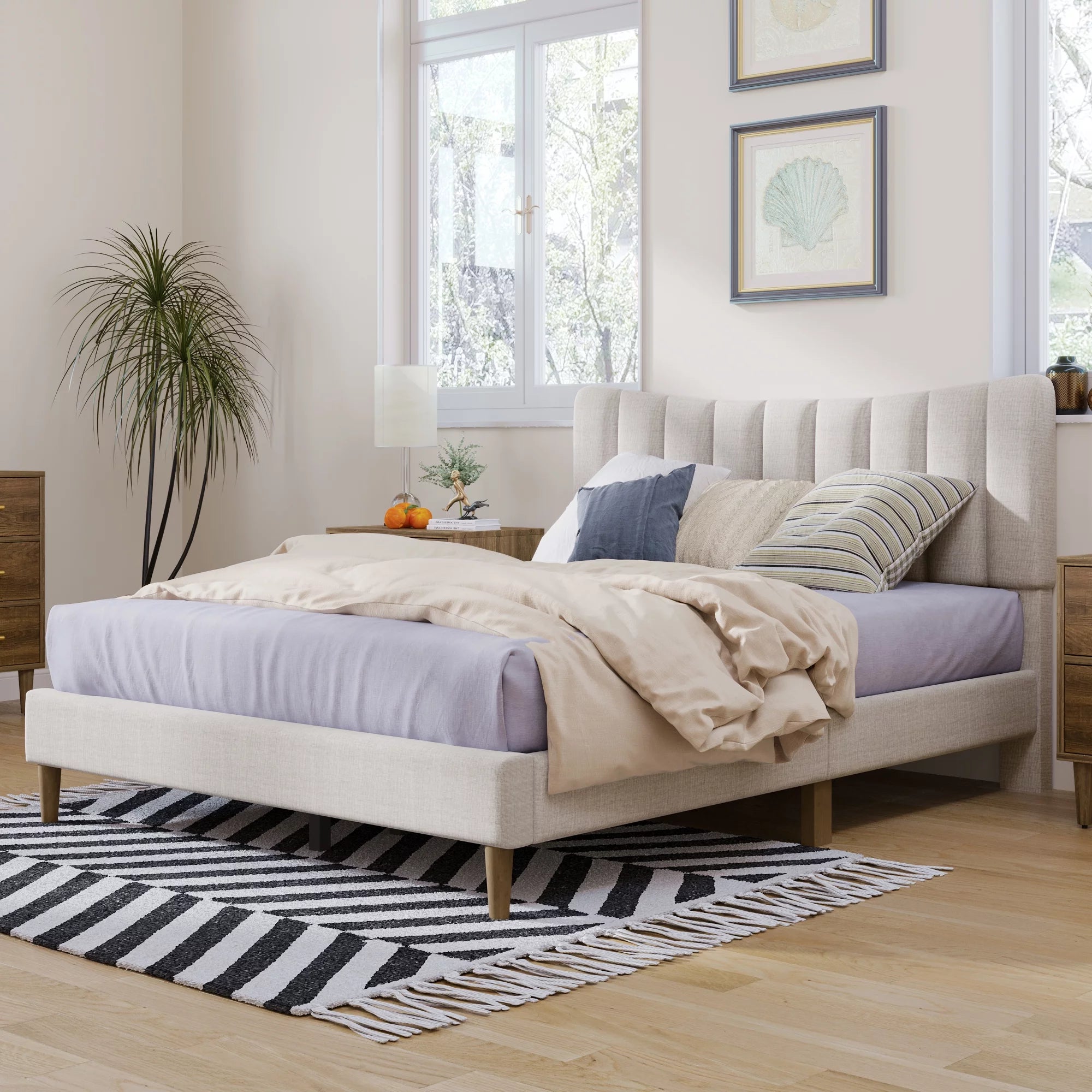 Upholstered Queen Platform Bed with Tufted Headboard and Wood Legs A896