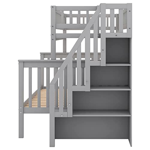 Twin Over Twin/Full Bunk Bed with Trundle and Drawers, Solid Wood Staircase, White C353971
