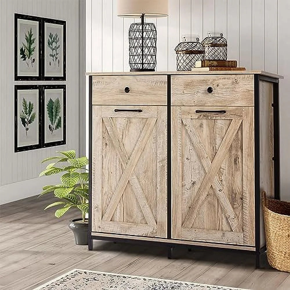 Double Barn Door Trash Cabinet with Hideaway Drawer X802