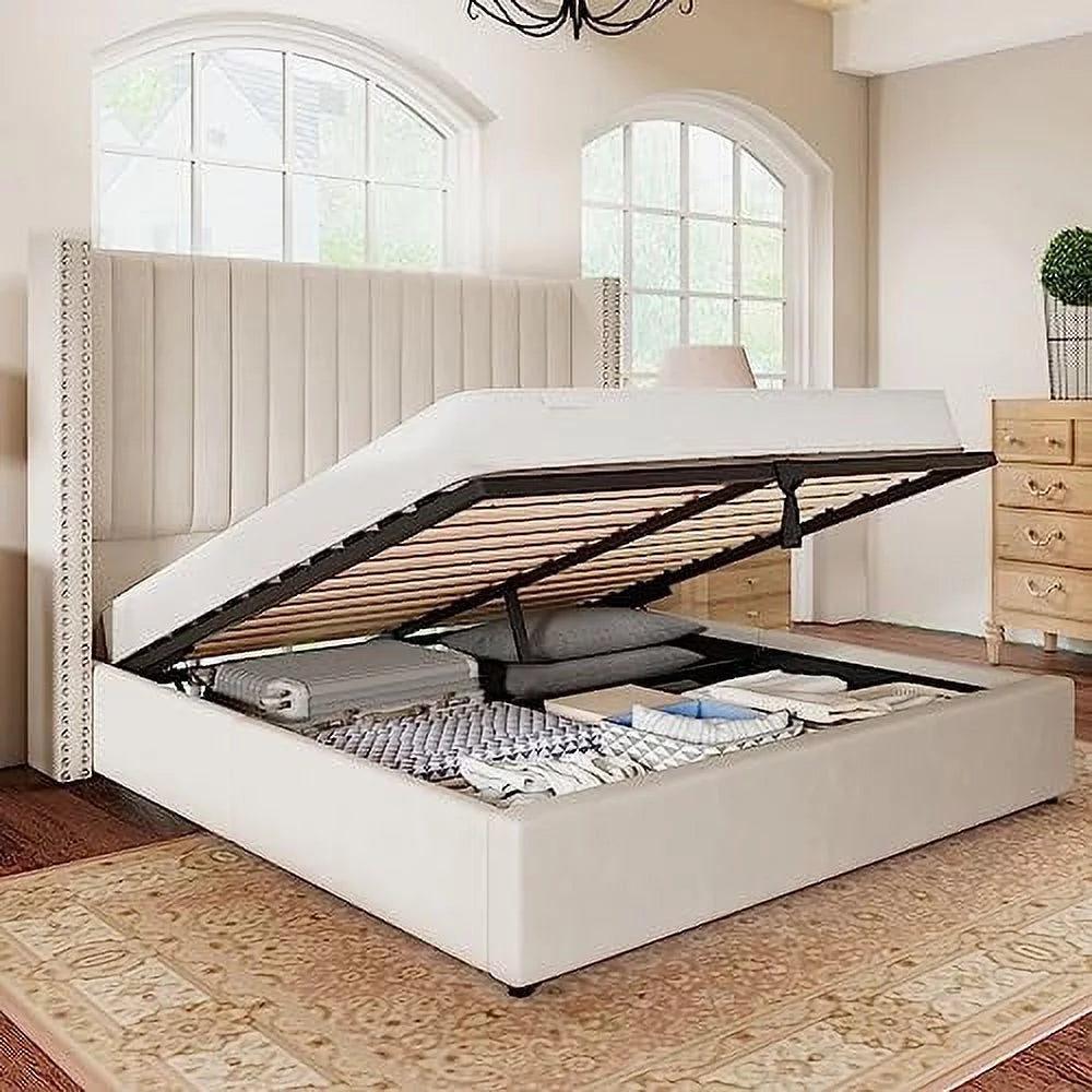 Jocisland Queen Bed Frame Lift Up Storage Bed, Velvet Queen Upholstered Bed Frame Channel Tufted Wingback Headborad/No Box Spring Needed/Cream