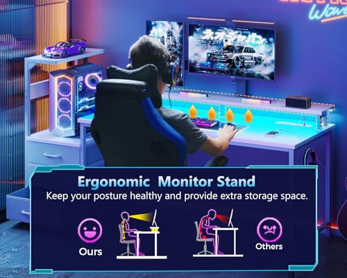 Gaming Desk with USB Charging Ports and LED Light T9380