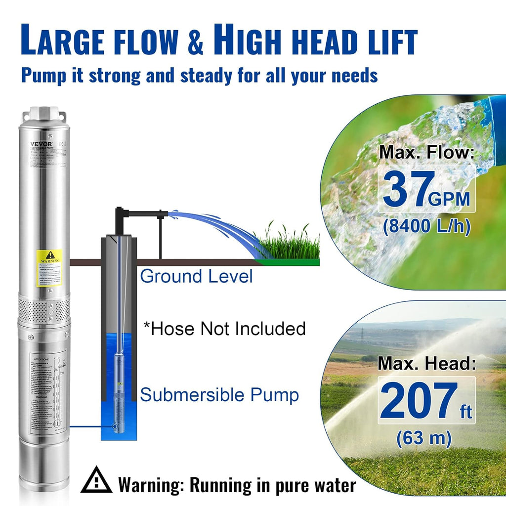Deep Well Submersible Pump, 4" Stainless Steel T822337